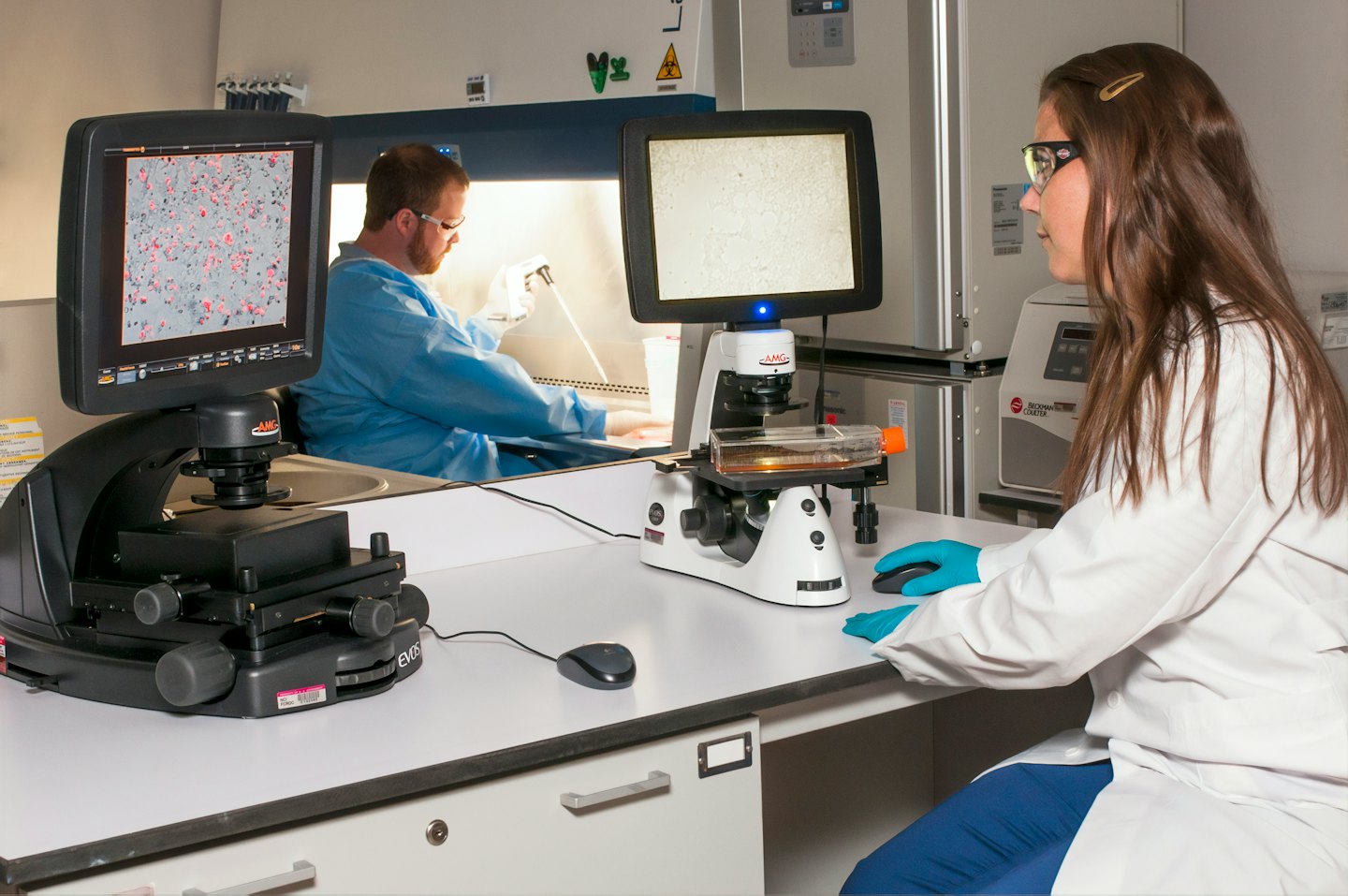 Scienziato usa un microscopio digitale in un laboratorio moderno.